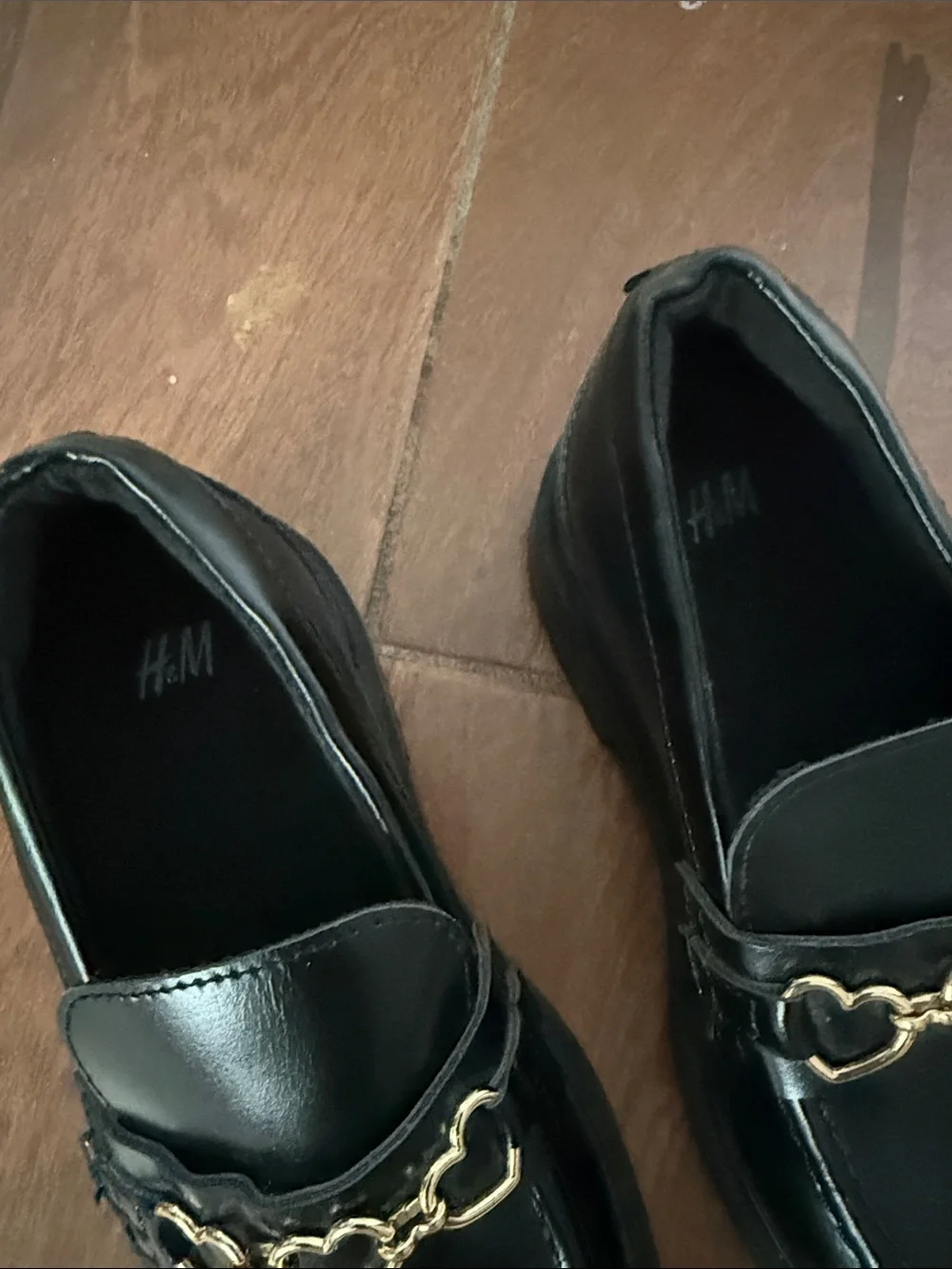 H&M Girls Black Loafers with Gold Heart Chain